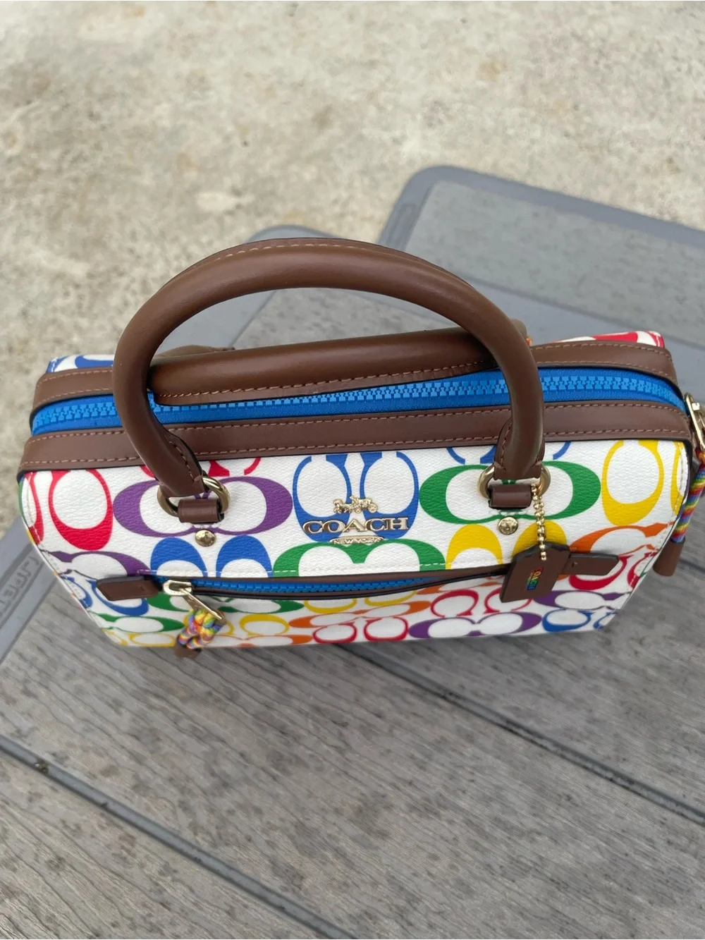 Coach Medium Pride Multicolor Signature Canvas Rowen with Brown Leather Trim